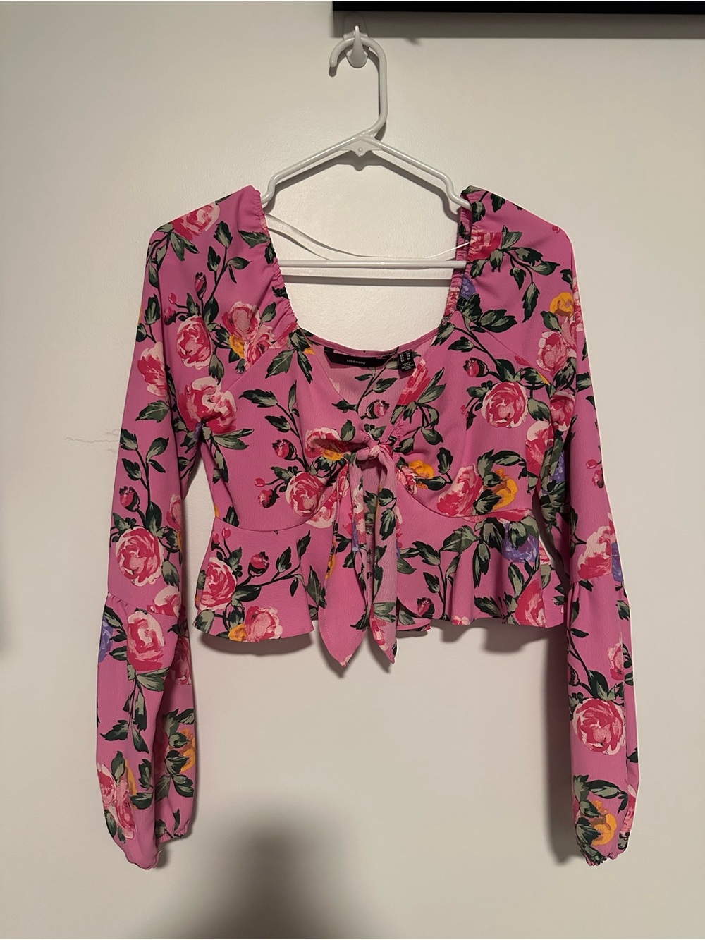 Vero Moda Pink Floral Tie-Front Peplum Long Sleeve Top